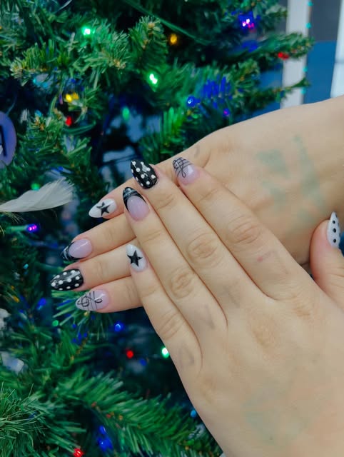 Black and white set with hand-painted stars, dots and bows